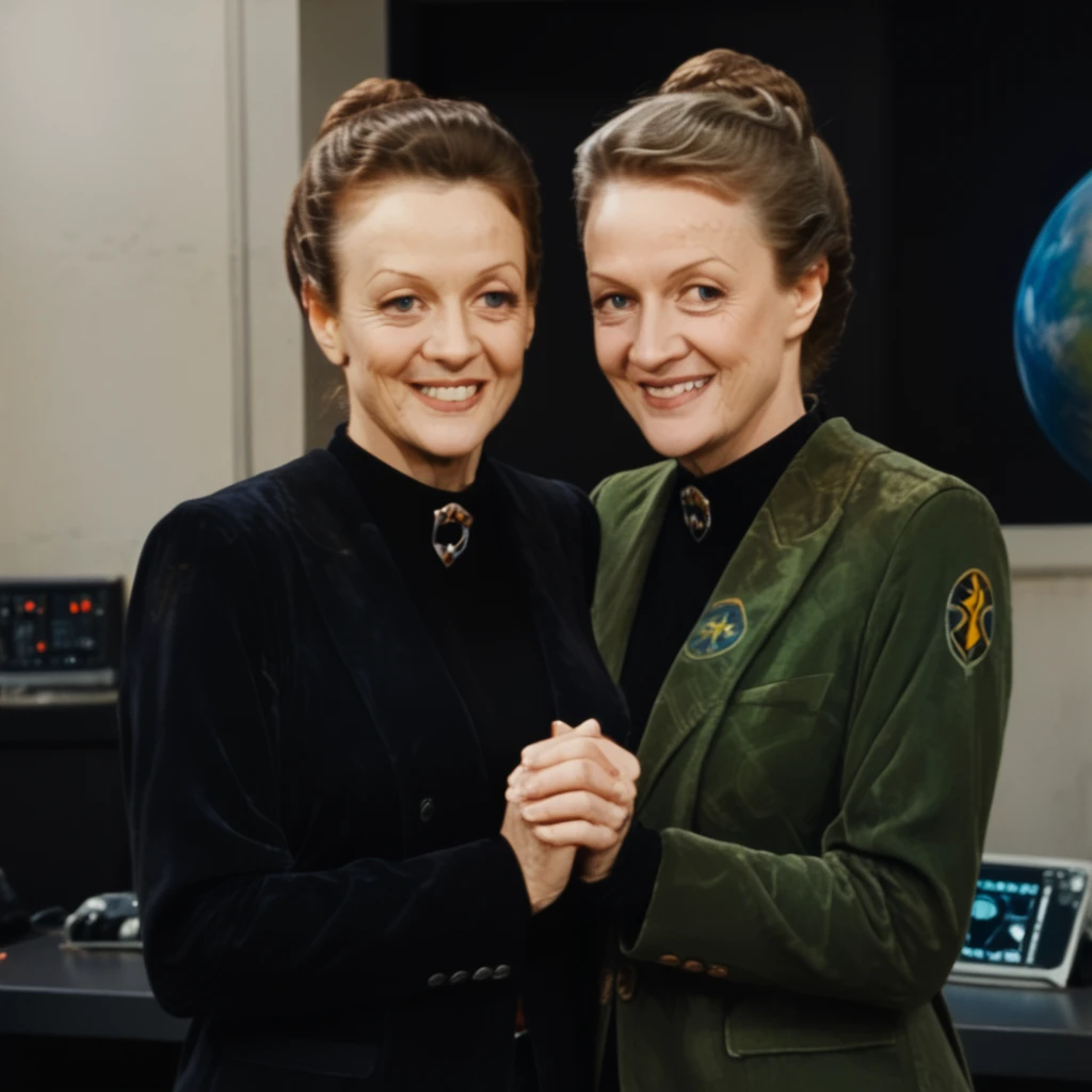 Minerva McGonagall wearing Balenciaga blazer jacket, star wars space docking station, she is standing next to the Millenium Falcon, happy, glad, smile, smiling,