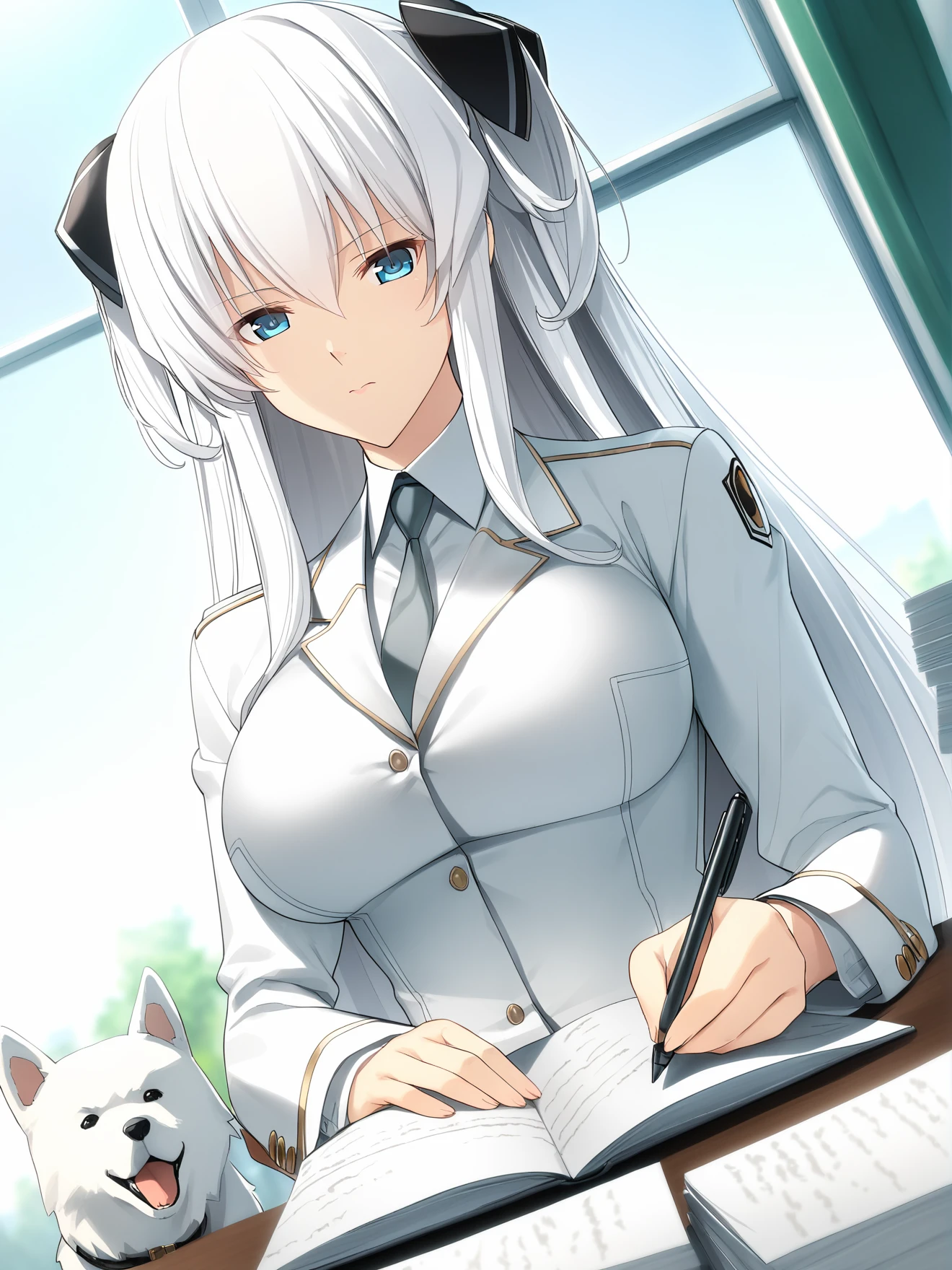 masterpiece, best quality, high quality, aesthetic, absurdres, insanely detailed,
1girl, white hair, very long hair, grey necktie, dog, white dog, solo, window, white curtains, sitting, hair ornament, holding pen, large breasts, desk, indoors, white jacket, blue eyes, paper stack, long sleeves, chair, closed mouth, white shirt, two side up, collared shirt, dutch angle, sidelocks, hair between eyes, day, writing, white blazer, formal, looking at viewer, dress shirt, aged up, book, sunlight, facing viewer, white theme, 
<lora:chuo-higashi-guchi-style-xl_v1.0:1>