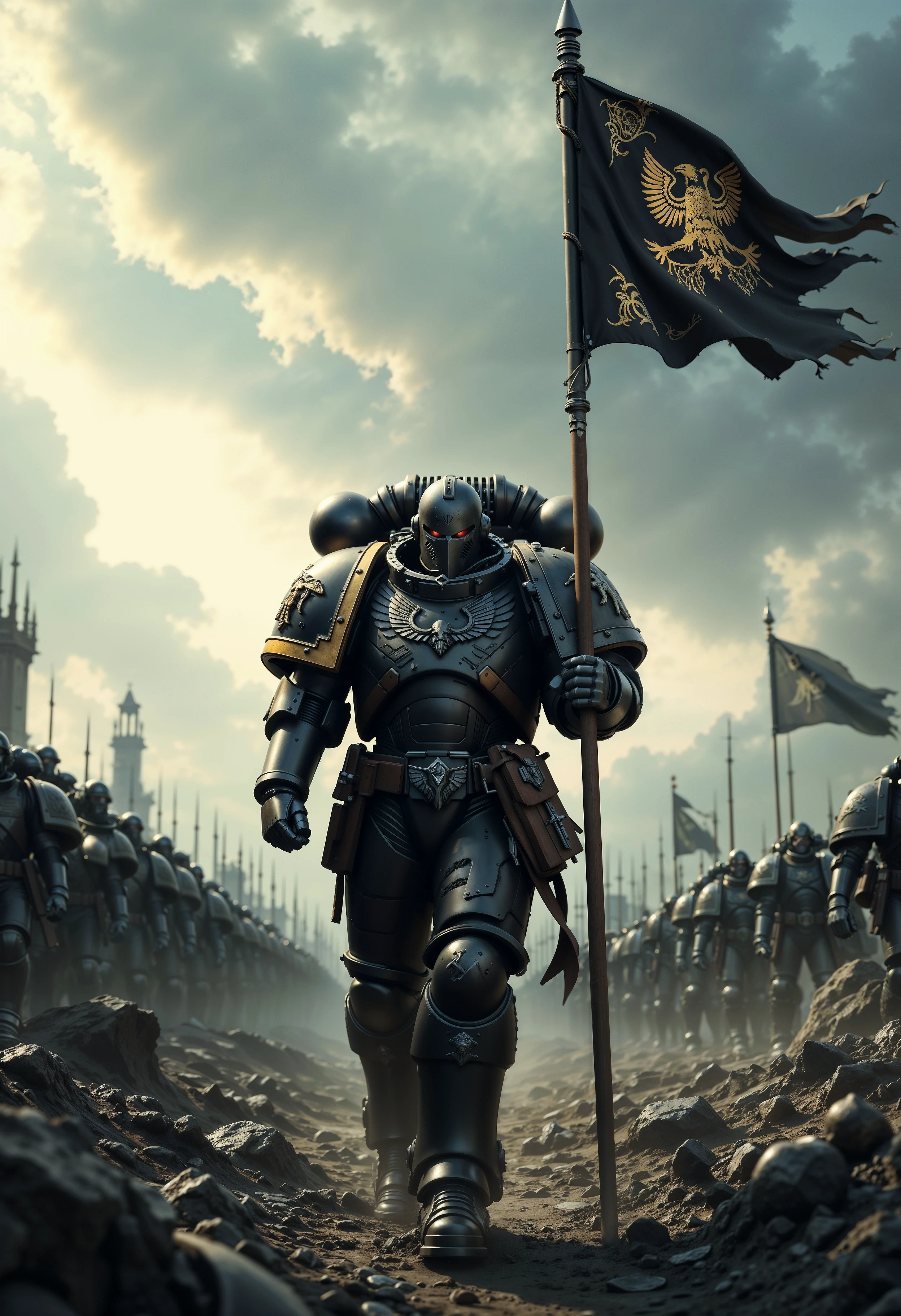 cinematic film still, low angle, ground up view, RavenG40k walking dramatically towards camera on a battlefield, clad in power armor. In his right hand, he holds a large, tattered flag with golden runes, fluttering dramatically in the wind. The background features a tumultuous sky with swirling clouds and a debris-covered ground, hinting at a recent battle. Other knights and soldiers are visible in the chaotic scene, with rich, vibrant colors and meticulous textures throughout, shallow depth of field, vignette, highly detailed, bokeh, moody, epic, gorgeous, film grain, grainy <lora:FluxRavenG40k:1>