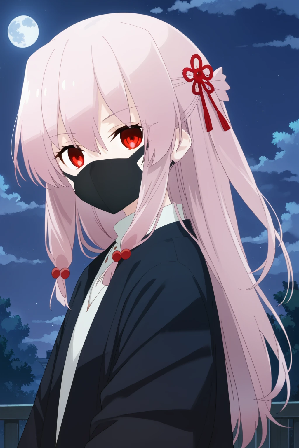 score_9, score_8_up, score_7_up, source_anime, best quality, masterpiece, 1girl, solo, kaguya gekkou, long hair, pink hair, bangs, hair between eyes, hair ornament, mask, mouth mask, looking at viewer, upper body, night sky, moon  <lora:Kaguya_Gekkou:1>