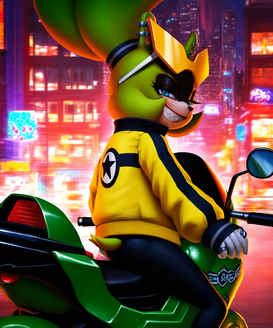 solo, surge the tenrec, blue eyes, yellow jacket, city, ring piercing, eyewear on head, female, grin, looking back, motorcycle, rear view, narrowed eyes, birthday party, by patacon, realistic, cinematic lighting, best quality, highly detailed, <lora:SurgeXL_030-Noob-nd64-lr2-ep26:1>