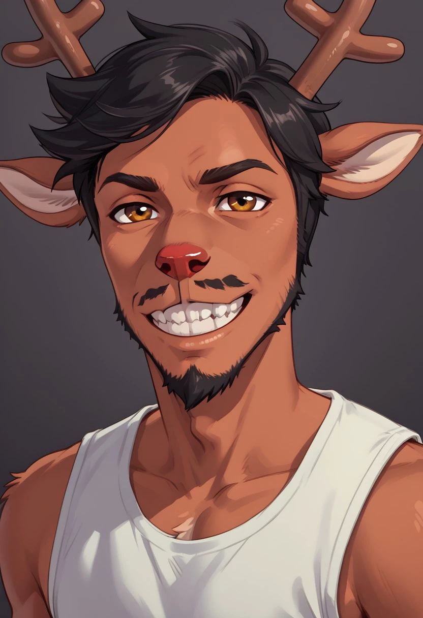 Rudolph Holiday, Deer, Furry, Male, black hair, facial hair, red nose, antlers, Middle aged, light brown fur, tooth gap, solo