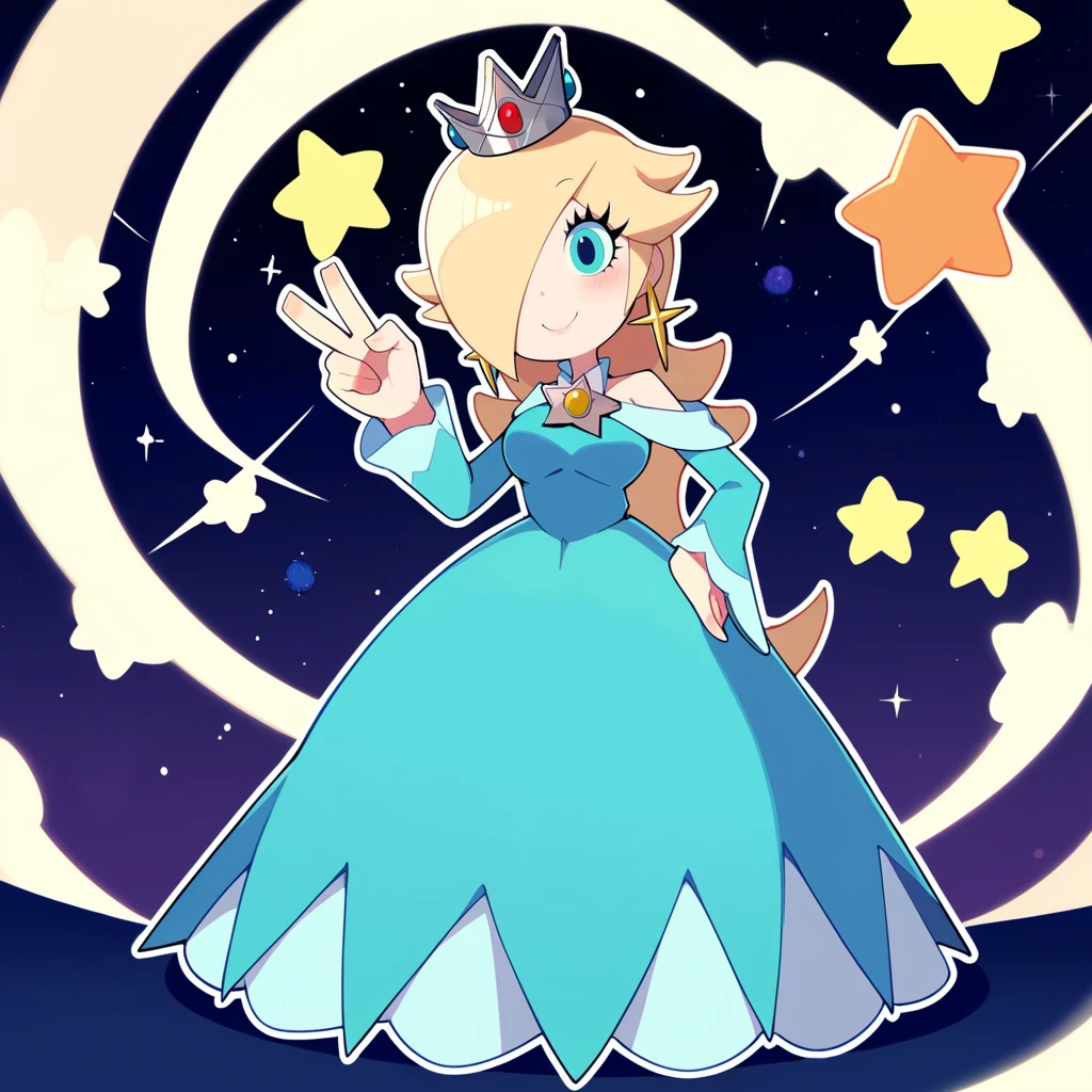 score_9,score_8_up,score_7_up,<lora:scottfalco:1>,
1girl,solo,rosalina,mini crown,blue dress,long dress,star earrings,large breasts,hair over one eye,white outline,
looking at viewer,head tilt,smile,closed mouth,hand on own hip,hand up,v,on ground,on moon,space,star \(sky\),galaxy,blush,