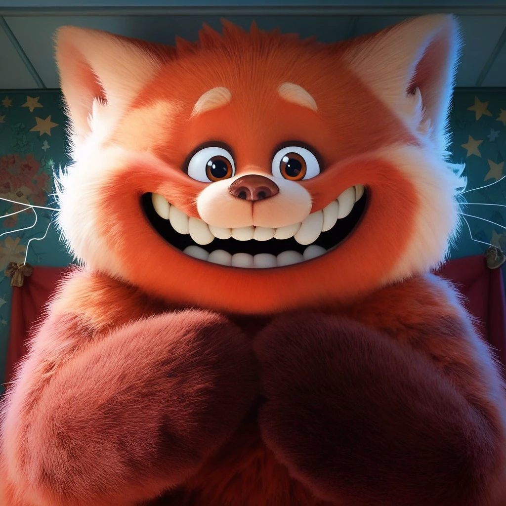 score_9, score_8_up, score_7_up ((best quality, masterpiece, hi res, perfect hands, perfect eyes, perfect skin, perfect foot)), MeiRP_TR, solo, Turning_Red, fluffy tail, giant, brown eyes, looking at viewer, smile, front view, fangs, teeth, open mouth