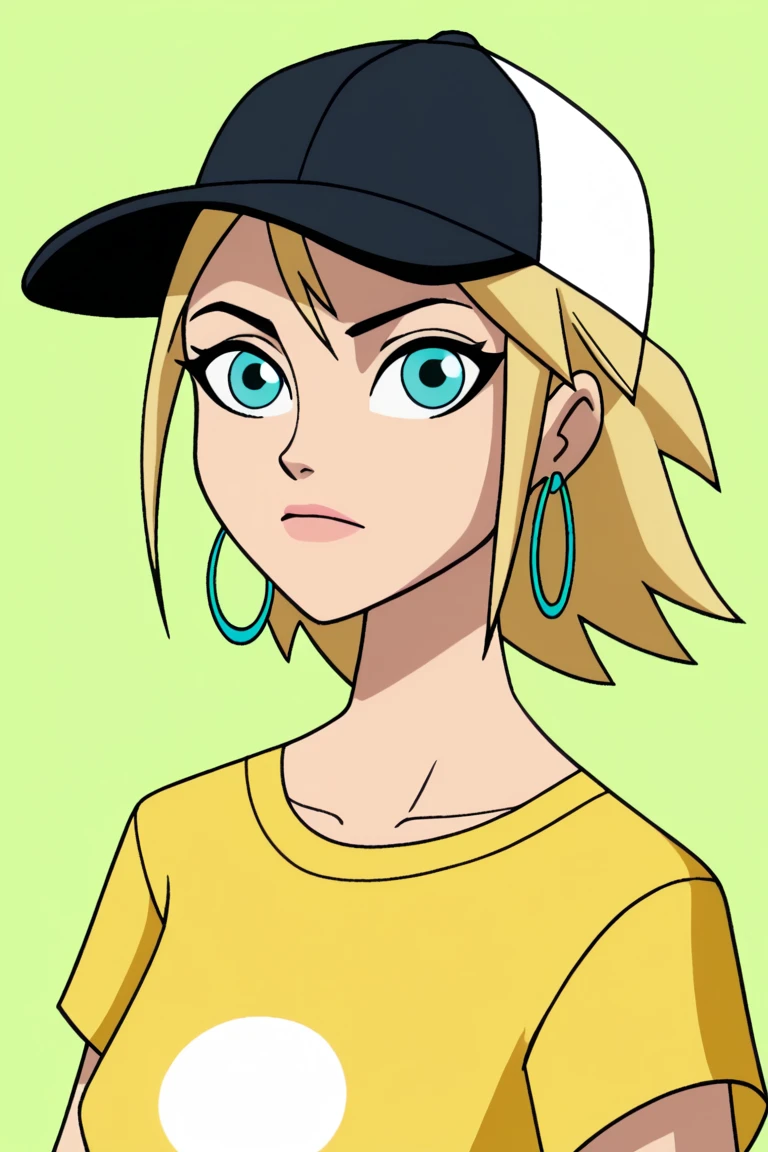 the_bt, 1girl, aqua eyes, baseball cap, blonde hair, closed mouth, earrings, green background, hat, hoop earrings, jewelry, looking at viewer, shirt, short hair, simple background, solo, upper body, yellow shirt