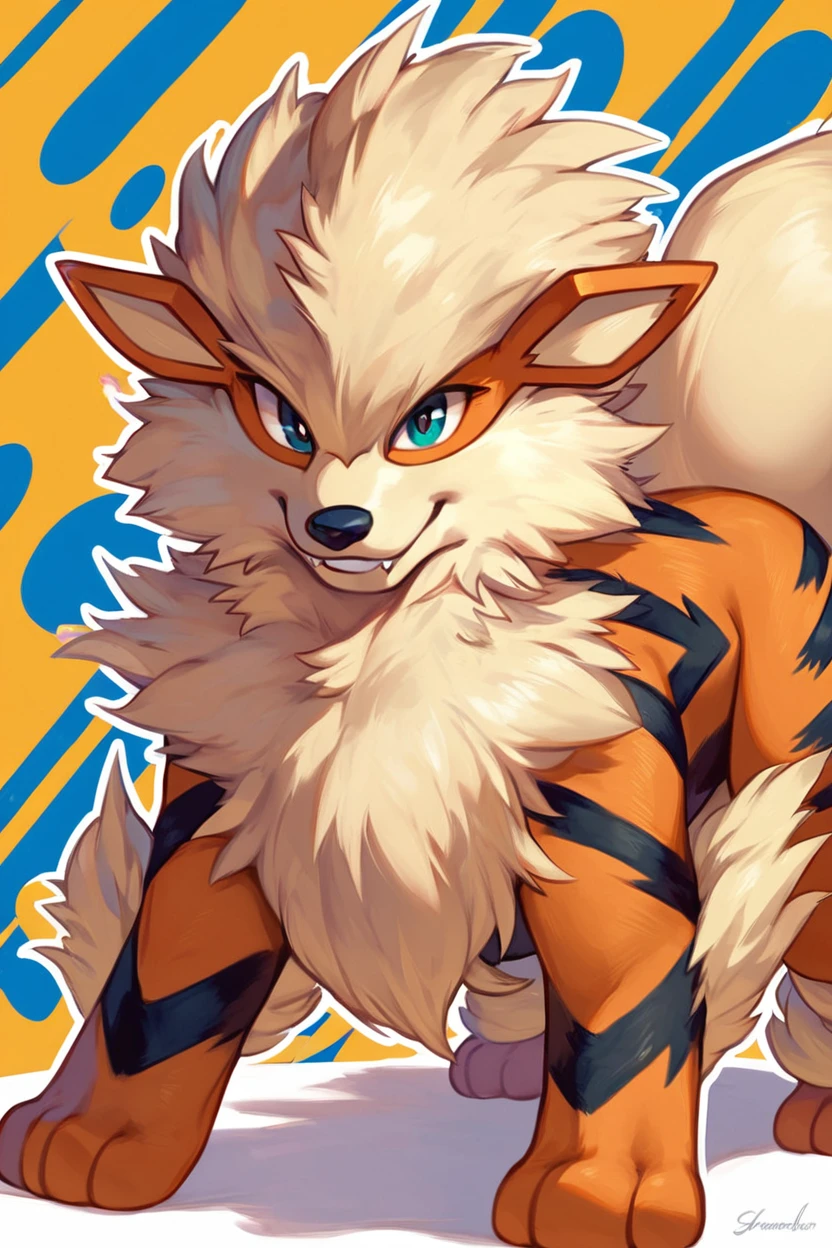 score_9, score_8_up, score_8,  ,,,  zzArcanine, no humans, pokemon (creature), <lora:Arcanine_Pokemon_PDXL:0.8>,   ,,, smile, looking at viewer,  abstract background, white outline,  ,,, embedding:zPDXL, Expressiveh, <lora:Expressive_H-000001:0.4>,