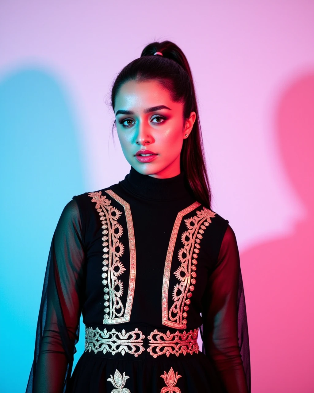 full body photo of a Shraddha Kapoor woman,candid photo with natural colors, serious expression on face,studio quality, wearing intricate conservative turtleneck Black Punjabi Suit, high ponytail, pastel shaded multicolored background, cinematic soft lighting<lora:TestBed\Shraddha_Kapoor_2024_Flux_Kohya_V1.safetensors:1.0:1.0>