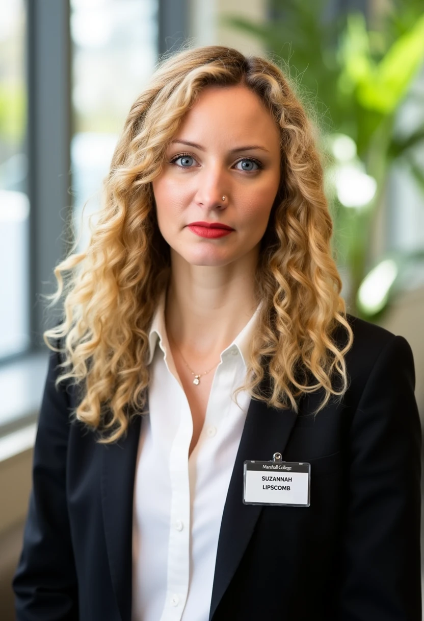 A portrait photo of suzannahlipscomb, a woman with gold blonde hair. She is looking straight at the viewer with a serious expression on her face. She is wearing red lipstick and a small diamond nose piercing. Her eyebrows are drawn down. Her mouth is closed shut. Her lips are pressed together. She is wearing a professional white shirt and a black business suit. A simple ID badge with black bold text name "Suzannah Lipscomb" and smaller text "Marshall College" is pinned to the suit jacket. The background is blurry and shows a modern office with house plants. Sunlight is shining through large windows.