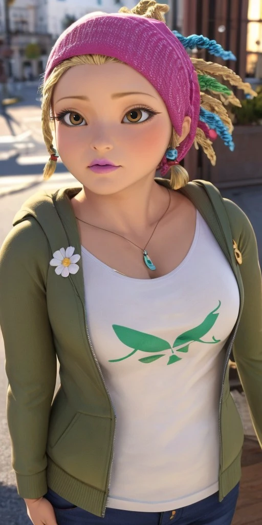 Hyperrealistic, photorealistic, super detailed, pink bandana, brilliant azure T-shirt, green jacket with a hood, pale magenta lipstick, honey blonde hair styled into colored dreadlocks, pale magenta lipstick, body like in real life, large pores, fair skin, quite short, chubby, beautiful arms, little breasts, unreal engine, octane render, droped shadow, bokeh, cinematic lighting, <lora:add_detail:0.5>, <lora:Volumetric_lighting:0.6>, Mylène Haprèle, , <lora:0a2937d1-de1c-498e-97f5-aa181e43b8bc:0.7>