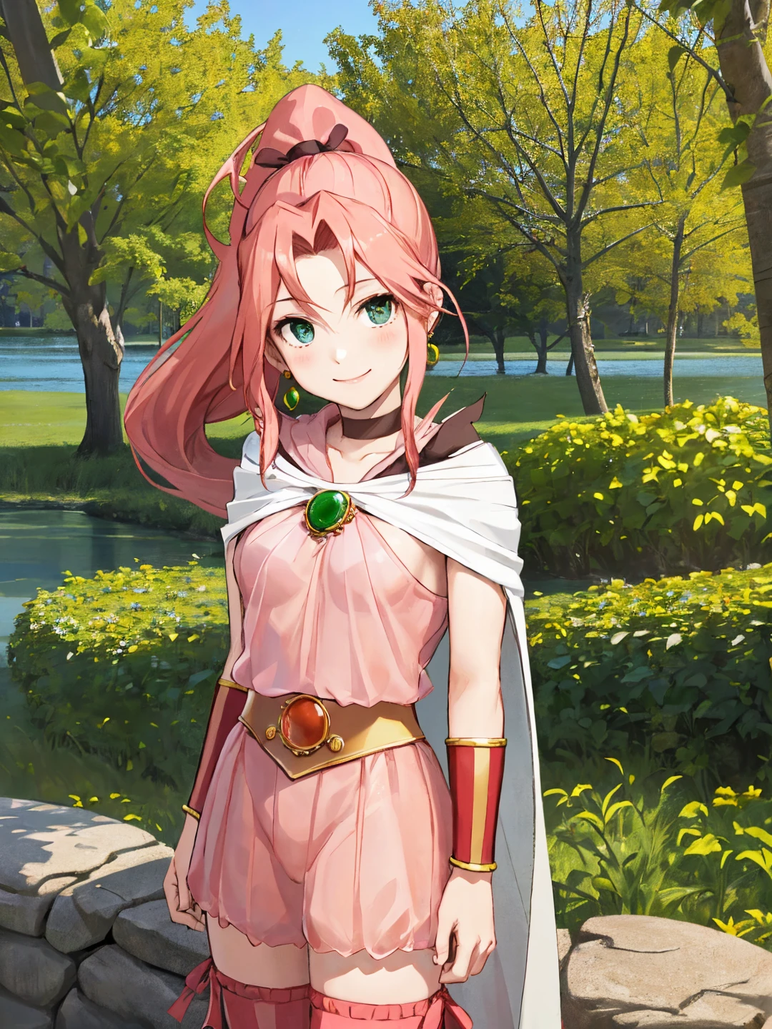 <lora:Porom_FFIVTAY_0R:0.7>
poromffivtay, green eyes, pink hair, long hair, high ponytail, ponytail, red hair ribbon, earrings, jewelry, choker
brooch, pink dress, see-through clothes, see-through dress, see-through skirt, belt, cape, bracelet, striped thighhighs, ribbon
masterpiece, best quality, ultra-detailed, detailed, detailed skin, absurdres, 8k, digital art
1girl, solo, facing viewer, standing, looking at viewer, smile, standing, cowboy shot
(outdoors, fantasy, castle, town, forest, lake, field, tree, bush, flower bed, street, stone floor)