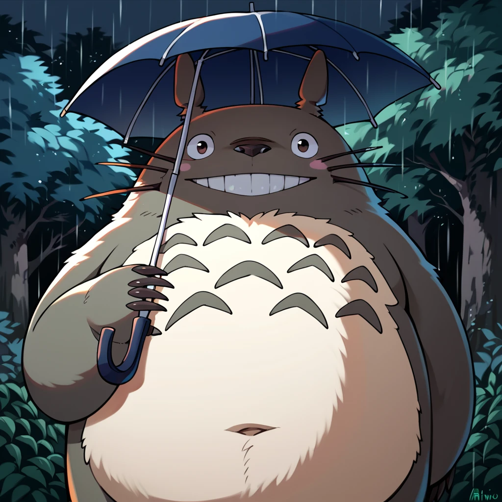 score_9, score_8_up, score_7_up, score_6_up, score_5_up, score_4_up,<lora:Totoro_My_Neighbor_Totoro_V2:1> totoro, studio ghibli, furry, fat, yellow fluffy belly, grey skin, big smile, claws, outside, forest background, forest scenery, raining, night, holding umbrella, looking at viewer, smiling