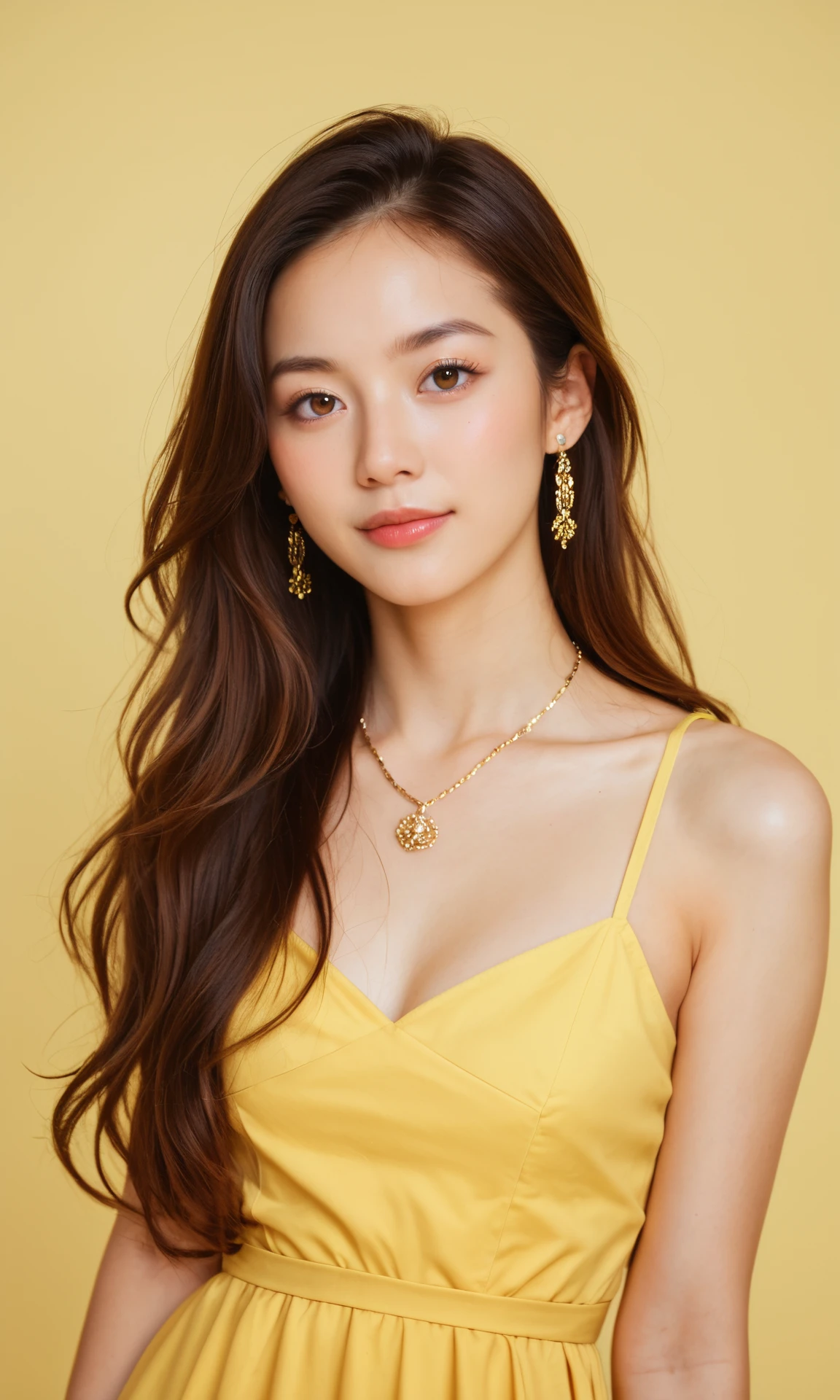 (Real, Highest quality, High resolution :1.3), One girl with a perfect body, Very beautiful face and eyes, Korean Beauty, (Slanted Eyes), Yellow wolf hair, (Wearing a pineapple on his head:1.2), Oversized pineapple print blouse, Cleavage, Pineapple Necklace