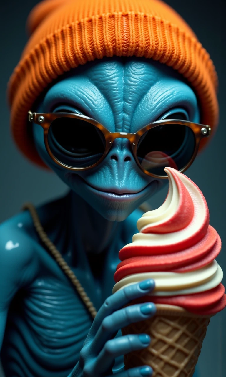 professional 3d model candid photo close-up of a blue-skinned (strict alien:1.25), a extraterrestrial character hybrid, orange beanie, sunglasses, grasping an red-white striped icecream
 <lora:Alienator-NT:0.75> . octane render, highly detailed, volumetric, dramatic lighting