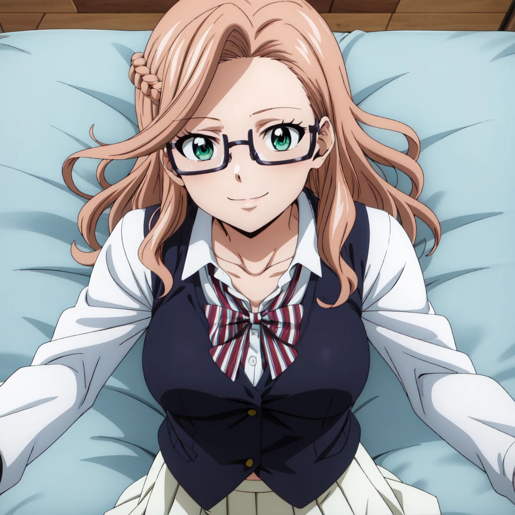 best quality, anime screencap, 1girl, solo, long hair, breasts, green eyes, glasses, french braid, anime coloring, light brown hair, karameel_v1, breasts, skirt, shirt, long sleeves, bow, school uniform, collarbone, white shirt, pleated skirt, striped, collared shirt, red bowtie, dress shirt, white skirt, striped bow, striped bowtie, black vest, looking at viewer, smile, adult women, mature women, lying