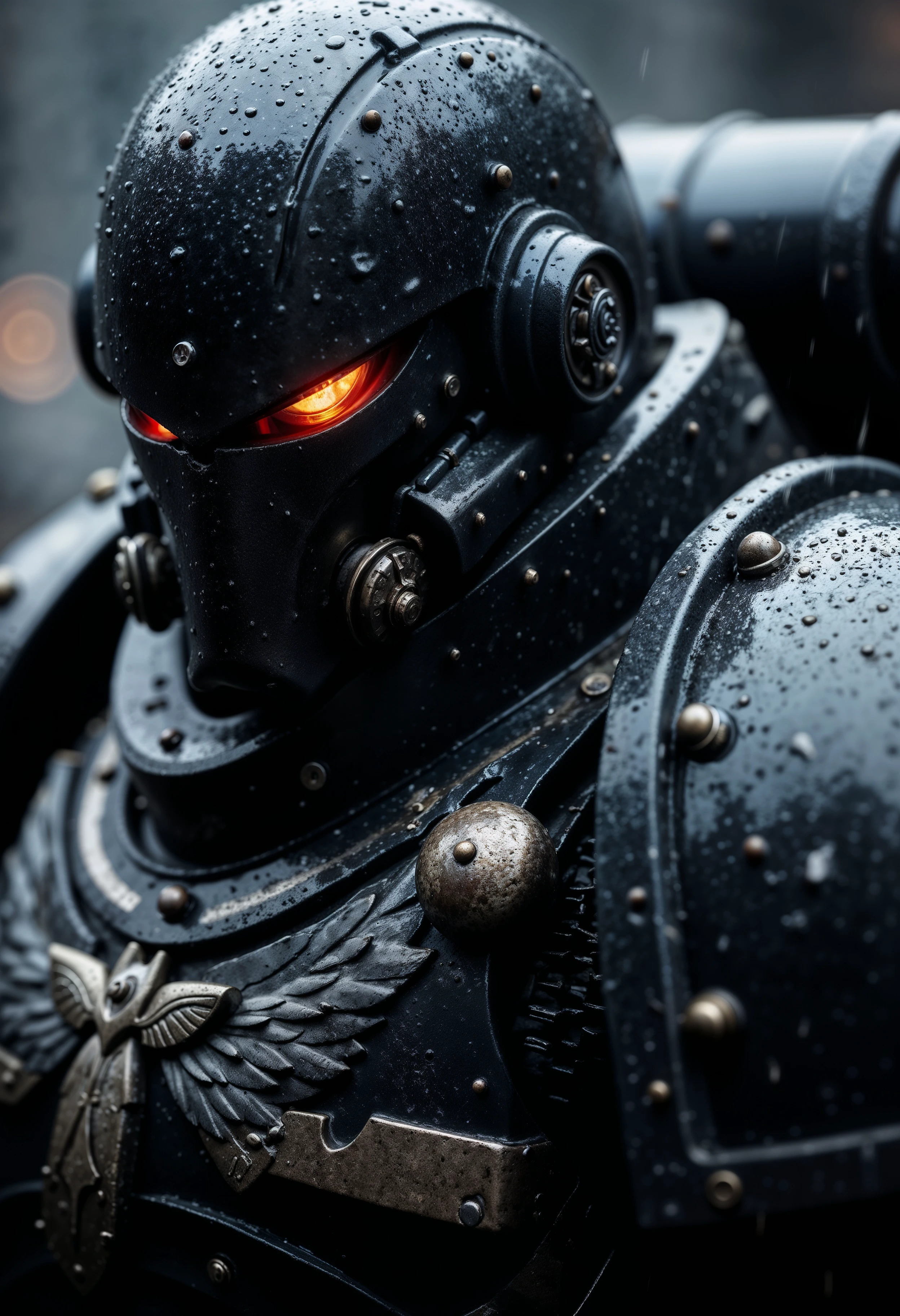 cinematic film still, close up, RavenG40k under rain, clad in power armor. with rich, vibrant colors and meticulous textures for his power armor and helmet, vignette, highly detailed, bokeh, moody, epic, film grain, grainy <lora:FluxRavenG40k:1>