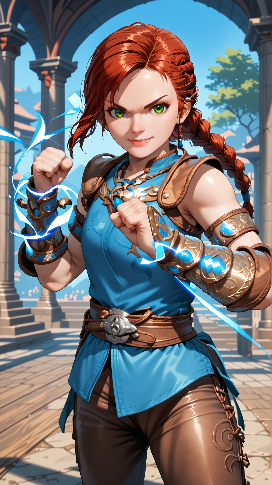 sjsartstyle, 2d, (zPDXL2), cowboy shot, dynamic shot, dynamic angle, webtoon, anime, centered, solo, (((magic bracers))), (((fighting stance))), confident smile, martial artist, monk, 1girl, 1woman, hda, red hair, braided ponytail, green eyes, blue top, necklace, leather armor, bracers, belt, leather pants, outdoors, <lora:sd_xl_dpo_lora_v1:1>, <lora:OMG-Is-DucHaiten_v1.0:0.1>, <lora:sjsartstyle pony:1>, <lora:Hilda_Asterigos_Pony_XL:0.8>