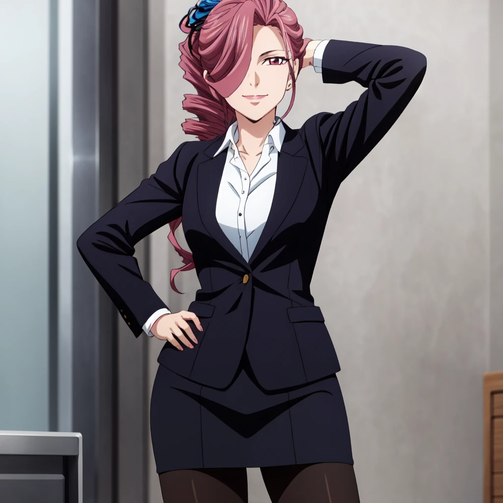 best quality, anime screencap, anime coloring, 1girl, solo, breasts, skirt, white shirt, black jacket, pantyhose, formal, suit, pencil skirt, office lady, skirt suit, hair ornament, pink eyes, magenta hair, hair over one eye, drill hair, long ponytail, long hair, maltran_v1, stands with one hand resting on a hip, the other hand brushing back their hair, exuding confidence, smile, closed mouth, matured women