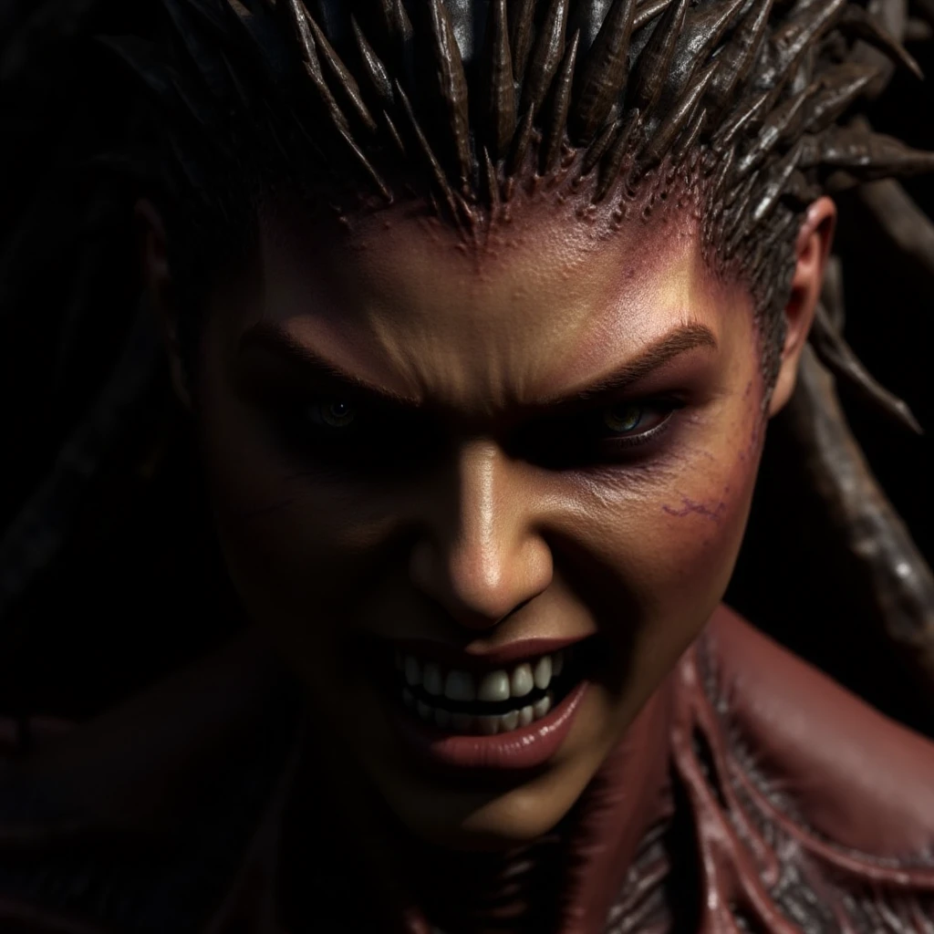 The image is a digital CGI artwork featuring a close-up of a fierce, humanoid character. The character's face is prominently displayed, with a menacing expression, showing gritted teeth and a determined, angry look. The skin tone is a deep, earthy brown, and the face is covered in intricate, dark, almost scaly textures, suggesting a supernatural or mythical origin.,