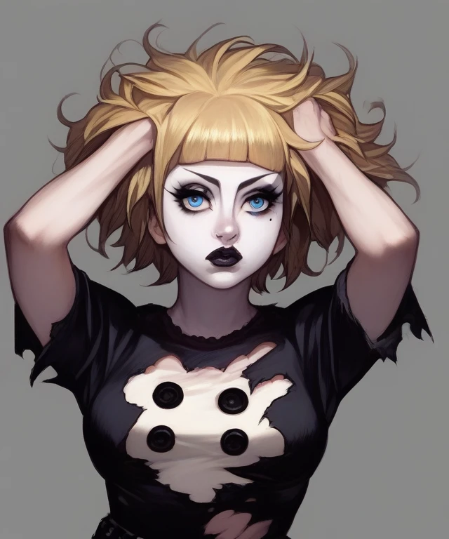 score_9, score_8_up, score_7_up, score_6_up, score_5_up, solo, female, white skin, blonde hair, short hair, messy hair, blunt bangs, blue eyes, fully clothed, breasts, shirt, torn clothing, eyelashes, eyeliner, mole, black lips, goth, pale, hands in hair, detailed, colored, portrait, grey background <lora:Trad_Goth_test:1.20> <lora:[GP] somethingweird [Pony XL]:1>