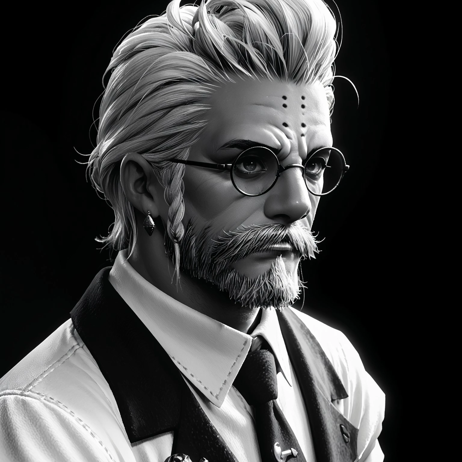 score_9, score_8_up, score_7_up, score_6_up, score_5_up, score_4_up, g0db3rt, the manderville man, facial hair, beard, 1boy, monochrome, greyscale, male focus, solo, glasses, braid, old man, mustache, jewelry, english text, old, earrings, black background, necktie, cinematic angle, cinematic lighting