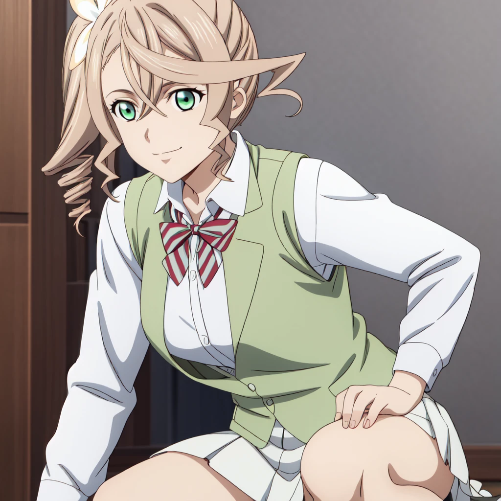 best quality, anime screencap, anime coloring, 1girl, solo, short hair, almond blonde hair, hair ornament, green eyes, side ponytail, drill hair, alisha_diphda,, shirt, long sleeves, bow, school uniform, collarbone, white shirt, white skirt, striped, collared shirt, red bowtie, dress shirt, striped bow, striped bowtie, (green vest:1.3), mature women, kneeling, on one knee, light smile, closed mouth