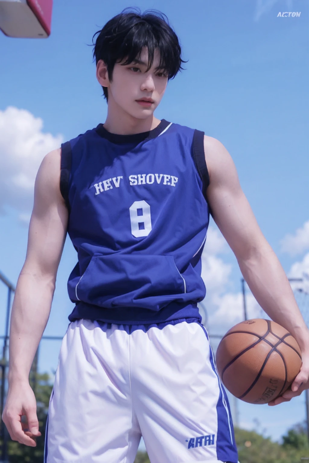 Basketball player in the moonlight,Blue and white basketball shirt,He is a Chinese male athlete around the age of 20,Moonlight is clear,The characters are clear,Mid-air one-handed shooting action,Feet in the air