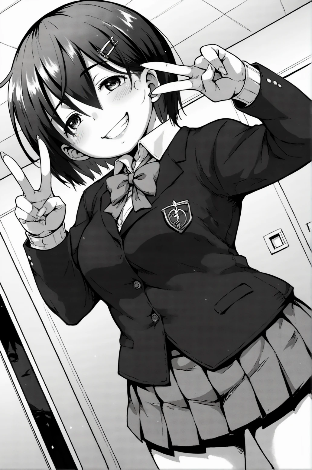 score_9, score_8_up, score_7_up, monochrome, manga_source, best background, detailed background, manga, grayscale   Marumi, school uniform, skirt, horny, naughty face, dynamic angle, indoors,  cowboy shot, victory fingers, grin, v fingers, <lora:JN_Marumi:0.8>