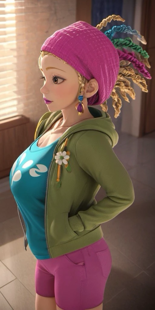 Hyperrealistic, photorealistic, super detailed, pink bandana, brilliant azure T-shirt, green jacket with a hood, moderate tangelo jean shorts, brown leggings, pale magenta lipstick, honey blonde hair styled into colored dreadlocks, pale magenta lipstick, body like in real life, large pores, fair skin, quite short, chubby, beautiful arms, little breasts, unreal engine, octane render, droped shadow, bokeh, cinematic lighting, <lora:add_detail:0.5>, <lora:Volumetric_lighting:0.6>, Mylène Haprèle, , <lora:0a2937d1-de1c-498e-97f5-aa181e43b8bc:0.7>