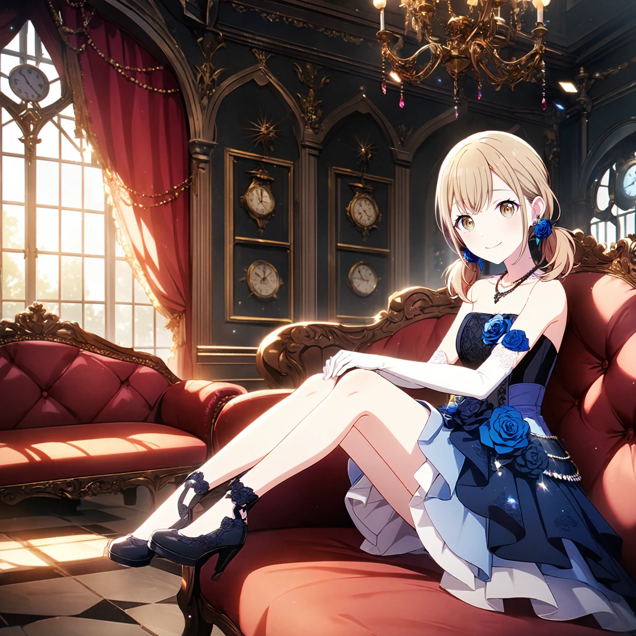 1girl, azusawa kohane, project sekai, masterpiece, very aesthetic, absurdres, official art,
garnet rosen, blonde short hair, low twintails, beige eyes,
(looking at viewer:1.4), smile, closed mouth, sitting on sofa, hands on own knees, BREAK
blue dress, gloves, white elbow gloves, jewelry, necklace, earrings, hair ornament, bare shoulders, strapless, hair flower, strapless dress, dress flower, collarbone, blue rose, 
day, sun light,  gothic room, gothic sofa, black sofa, front angle, gothic, black and white window,  chessboard floor, large clock, bloom, black interior,
 <lora:sdxl-vbs-GarnetRosen04:0.8:lbw=
0,0,0.2,0.2,0,0.4,0.4,0,0.8,0.8,0,0,0,0.8,0.8,0.6,0.8,0.0,0.0,0.0,0,0,0,0,0,0>