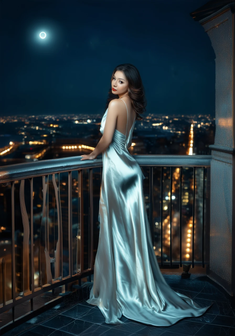 Arafed woman in a silver dress standing on a balcony at night - SeaArt AI