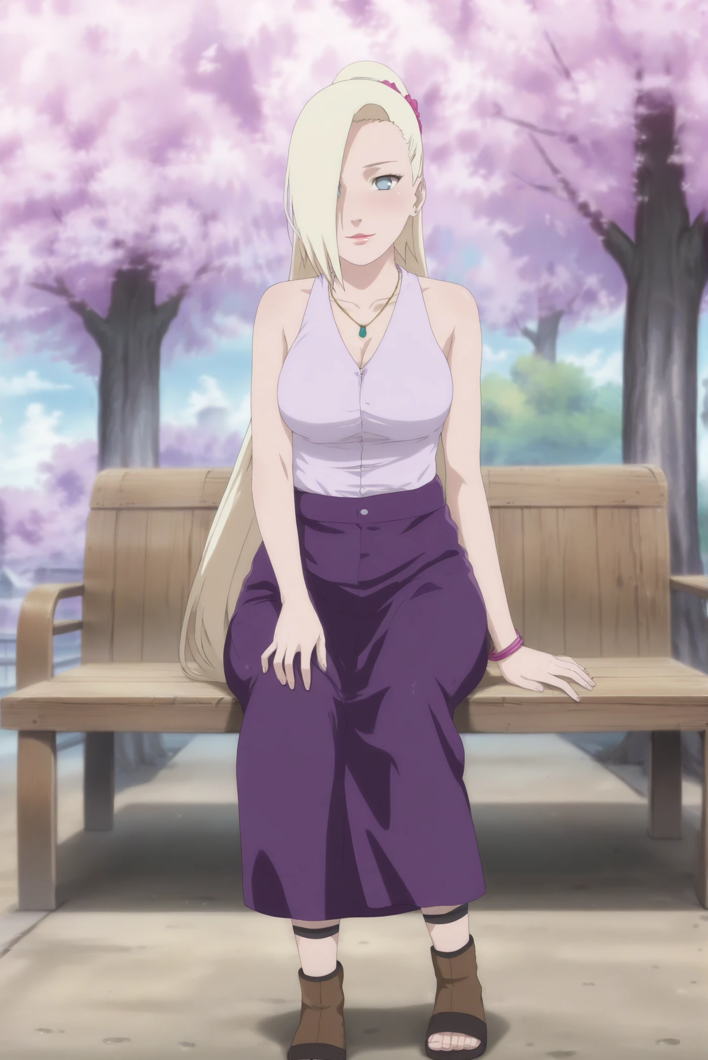 score 9, score 8 up, score 7 up, rating_safe, source anime, intricate details, anime screencap, official style, ino yamanaka, woman, ponytail, hair flower, shy smile, lipstick, blush, emerald necklace, silver ear ring, purple bracelet, pink shirt, purple apron skirt, shirt tucked in, toeless footwear, brown footwear, sitting, sat at park bench, cowboy shot, dramatic lighting, tree, cherry blossoms, cloud, sky, seductive, full body, bokeh effect, in style of Masashi Kishimoto (anime coloring, anime screencap, Naruto anime style), <lora:add-detail-xl:1>, <lora:ino_yamanaka_pony_rc2-000006:1>,