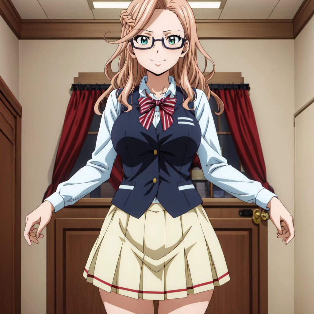 best quality, anime screencap, 1girl, solo, long hair, breasts, green eyes, glasses, french braid, anime coloring, light brown hair, karameel_v1, breasts, skirt, shirt, long sleeves, bow, school uniform, collarbone, white shirt, pleated skirt, striped, collared shirt, red bowtie, dress shirt, white skirt, striped bow, striped bowtie, black vest, looking at viewer, smile, adult women, mature women, standing, crossed legs