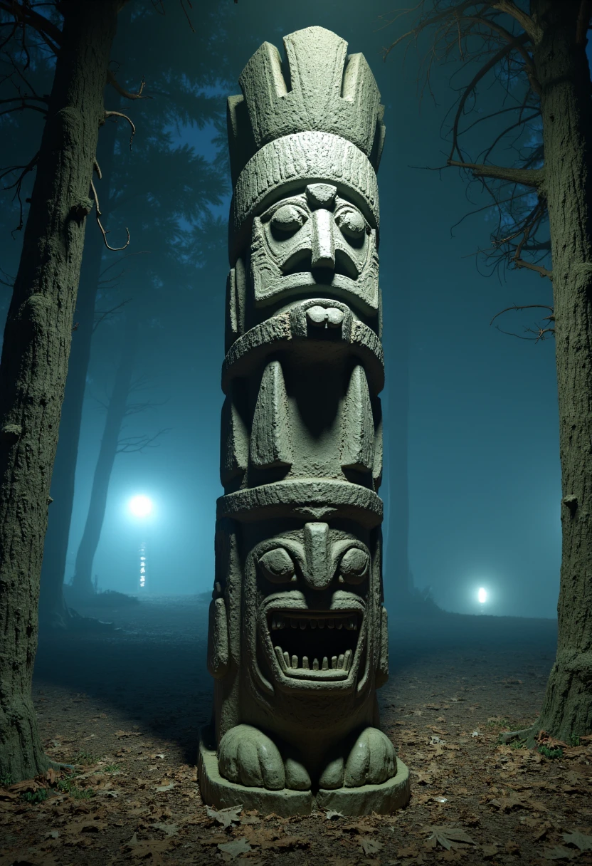 tribal style image of totembok with carved faces at night in open forest area with fog and lights shining from sky, photograph taken via dgae through windows window, low angle, ,Ancestor_Statue, <lora:Ancestor_Statue:1>, cinematic lighting, glossy paper, iso150,  35mm, score_9, score_8_up, score_7_up,  intricate details, Hyperrealism style, 3d, concept-art, dreaminess, psychedelic, shallow-depth-of-field, cinematic lighting, soft bokeh, very beautiful composition, Unreal, real-time 3D, Epic Games style, Unreal Engine style, 3d-rendering, vibrant contrast  depth and shadow enhanced using (Gaussian blur) for a soft background focus, (sharpen filter) applied, (color grading) to enhance contrast between warm and cool tones, (noise reduction) for a smooth, clean finish, (HDR toning) used for extra depth and detail, highly detailed dreamy background detailed skin texture, subsurface scattering award-winning, professional, highly detailed . dreamlike, mysterious, provocative, symbolic, intricate, detailed, hyper-detailed, masterpiece, award winning, midjourneyv6.1