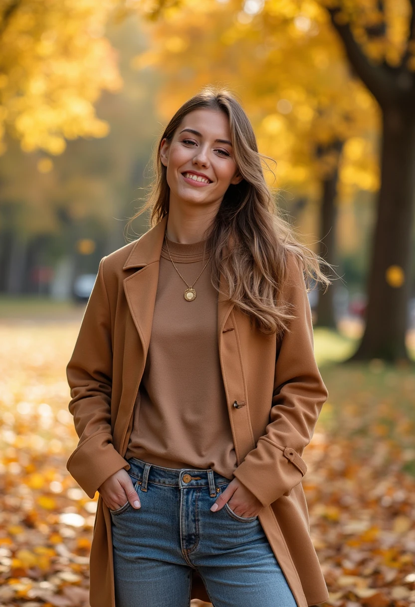 an amateur photo shot from an angle of laurapapendick, a smiling woman, wearing lipstick and modest casual autumn clothes and jeans on a sunny warm autumn day. Golden leafs on the ground.