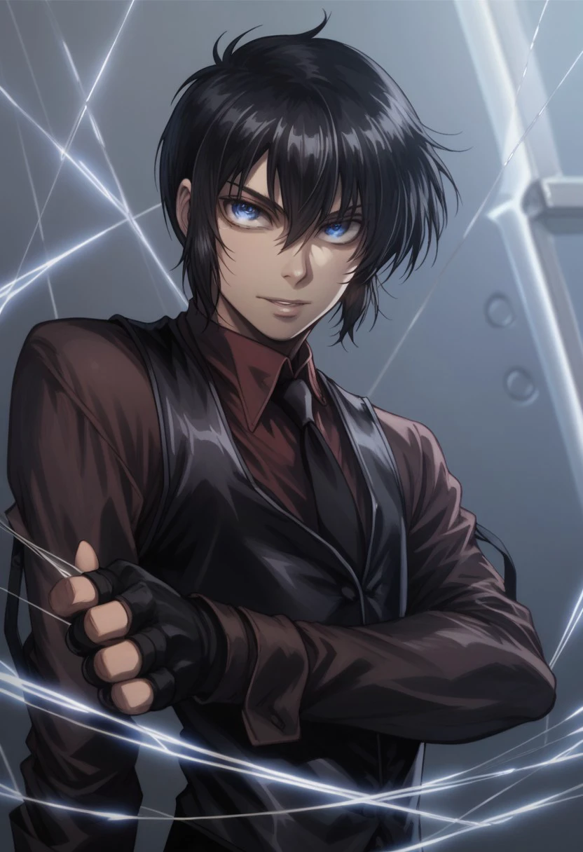 score_9, score_8_up, score_7_up,  walter.c.xl11, solo, 1boy, blue eyes, black hair, short hair, red shirt, long sleeves, black necktie, black vest, fingerless black gloves, steel threads,