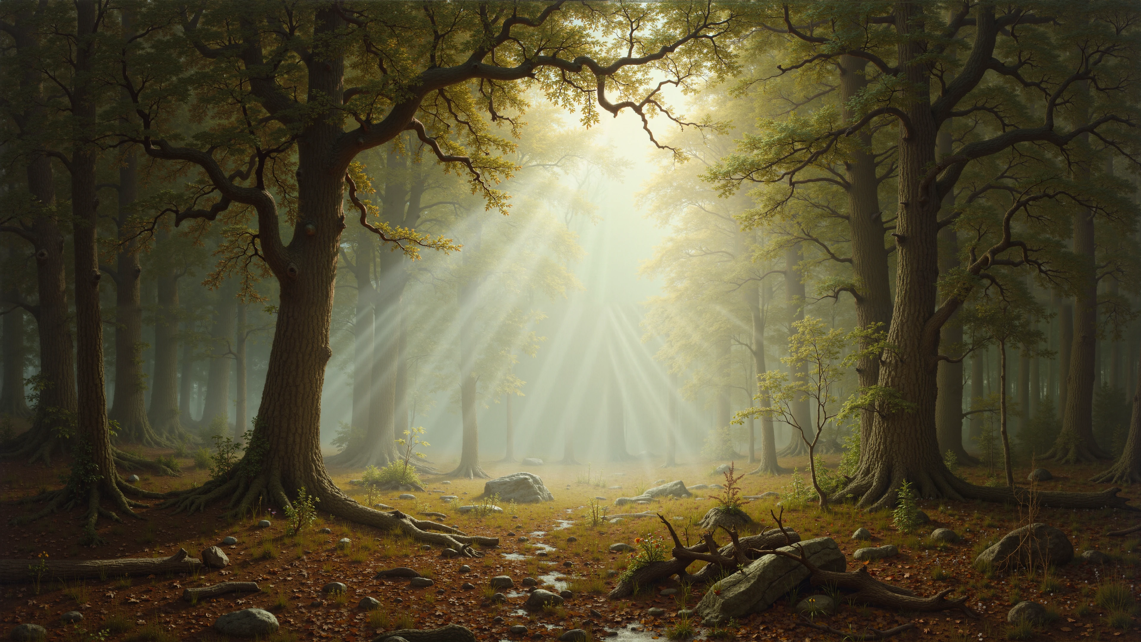 A misty morning in the woods, illuminated by the first rays of the rising sun, rendered in the style of Albert Bierstadt. Light breaks through the thick foliage of the trees, creating rays that penetrate the light fog and illuminate the forest floor. Every branch, every leaf is detailed with care, as if every part of the forest has come to life. Fallen leaves, grasses, small flowers and rocks are scattered on the ground, each detail emphasized by the morning light