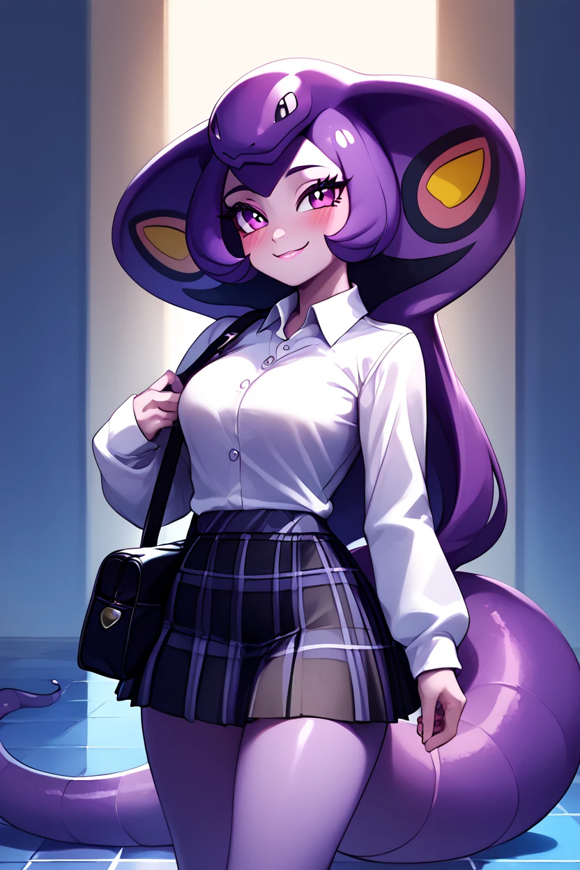 score_9, score_8_up, score_8,   ,,, , ,,, zzArbok, no humans, pokemon (creature), snake,  <lora:Arbok_Pokemon_PDXL:1.0>,                         ,,,, BREAK, closed mouth, alternate costume, smile, looking at viewer, collared shirt, blush, sweater, black skirt, eyelashes, long sleeves, sleeves past wrists, plaid skirt, shoulder bag, black bag, blurry, tile floor, pleated skirt, white shirt, cowboy shot, ,,, embedding:zPDXL, Expressiveh, ,,, <lora:Vivid:0.7>, <lora:LFashionPDXL:1>, <lora:Uncensored_PonyXL_cpt_v02.09:0.4>, <lora:Expressive_H-000001:0.4>,