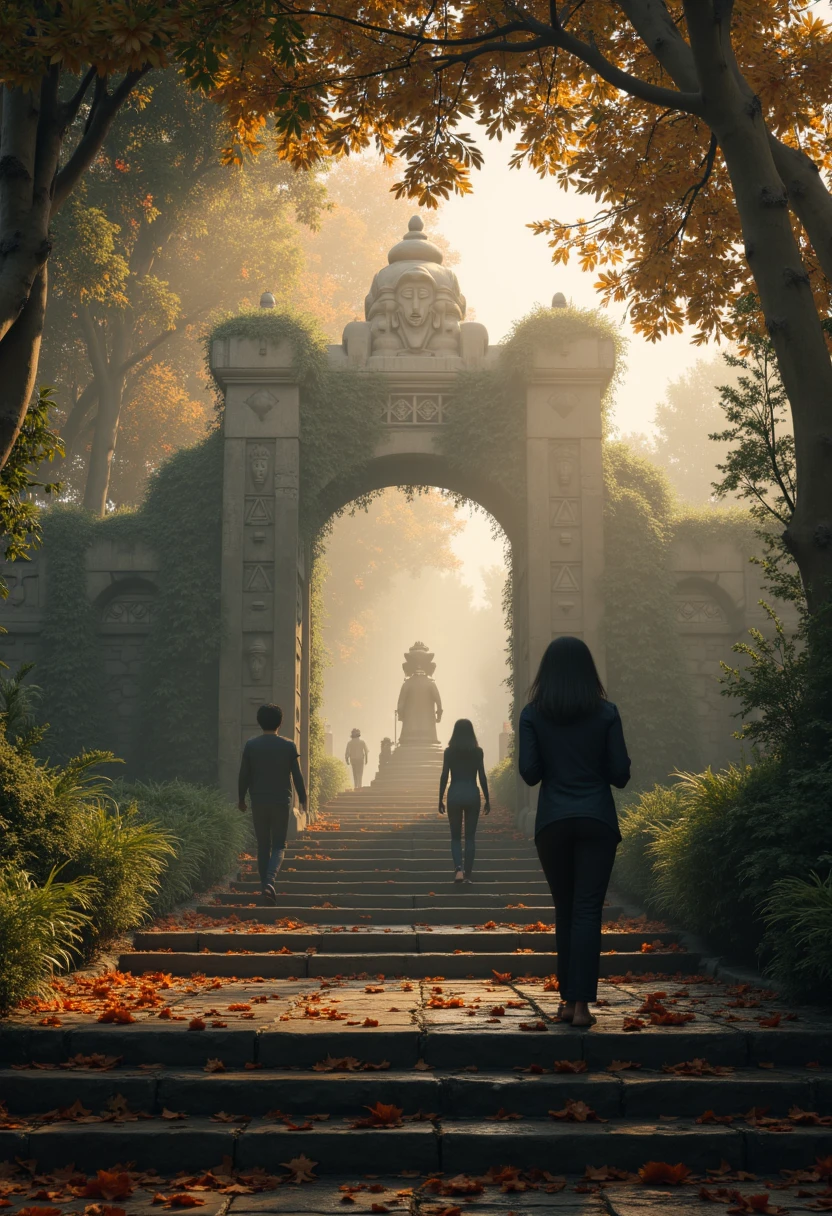 haida style image of people walking over steps towards a garden with plants and stone carvings, on a misty day in new york city at sunset light color palette toned, soft shadow, ,Ancestor_Statue, <lora:Ancestor_Statue:1>, cinematic lighting, glossy paper, iso150,  35mm, score_9, score_8_up, score_7_up,  intricate details, Hyperrealism style, 3d, concept-art, dreaminess, psychedelic, shallow-depth-of-field, cinematic lighting, soft bokeh, very beautiful composition, Unreal, real-time 3D, Epic Games style, Unreal Engine style, 3d-rendering, vibrant contrast  depth and shadow enhanced using (Gaussian blur) for a soft background focus, (sharpen filter) applied, (color grading) to enhance contrast between warm and cool tones, (noise reduction) for a smooth, clean finish, (HDR toning) used for extra depth and detail, highly detailed dreamy background detailed skin texture, subsurface scattering award-winning, professional, highly detailed . dreamlike, mysterious, provocative, symbolic, intricate, detailed, hyper-detailed, masterpiece, award winning, midjourneyv6.1