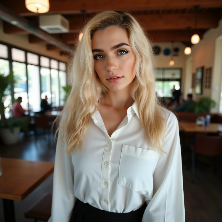 (A cinematic shot of <lora:Rose_asmr:1> a young woman with a light skin tone. a stunning female model, blonde hair with a warm blonde ombre effect. beautiful detailed photograph, makeup wearing a button-up white shirt and a skirt, standing in cafe looking at the viewer)