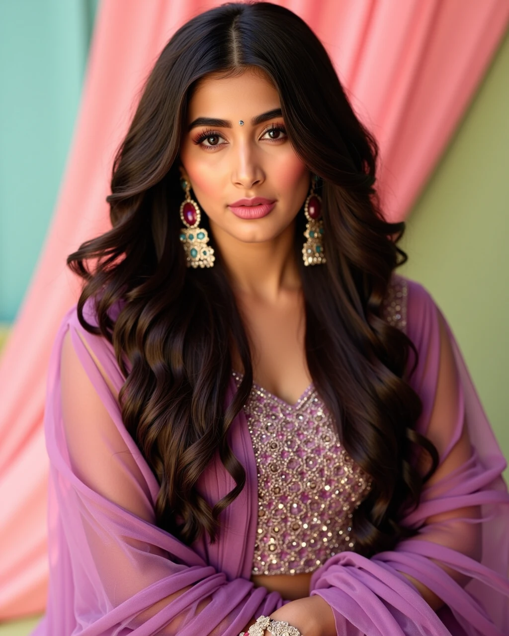 headshot photo of Pooja Hegde woman,candid photo with natural colors, pouting expression on face,studio quality, wearing intricate elegant long sleeved Plum Punjabi Suit, curls, pastel shaded multicolored background, cinematic soft lighting<lora:TestBed\Pooja_Hegde_Flux_Kohya_V1-000005.safetensors:1.0:1.0>