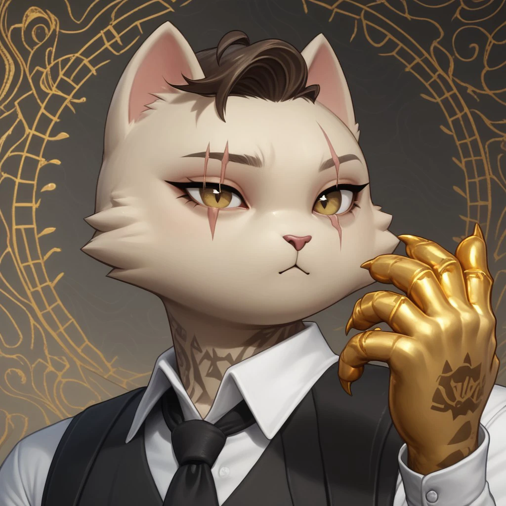 score_9, score_8_up, score_7_up, score_6_up, score_5_up, score_4_up, source_furry
anthro, solo, portrait, Meowdas, furry, cat, scar, brown hair, brown eye, tattoo, cat tail, cat ears, gold hands, black necktie, black vest, white collared shirt,
BREAK
detailed background, office, (side view)