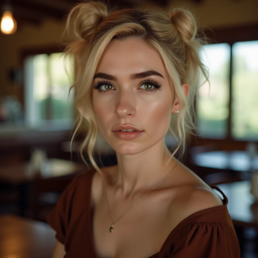 (A cinematic shot of <lora:Rose_asmr:1> a young woman with a light skin tone. a stunning female model, blonde twin buns hairstyle, makeup and mascara. She is wearing a modest brown dress, standing in cafe looking at the viewer)