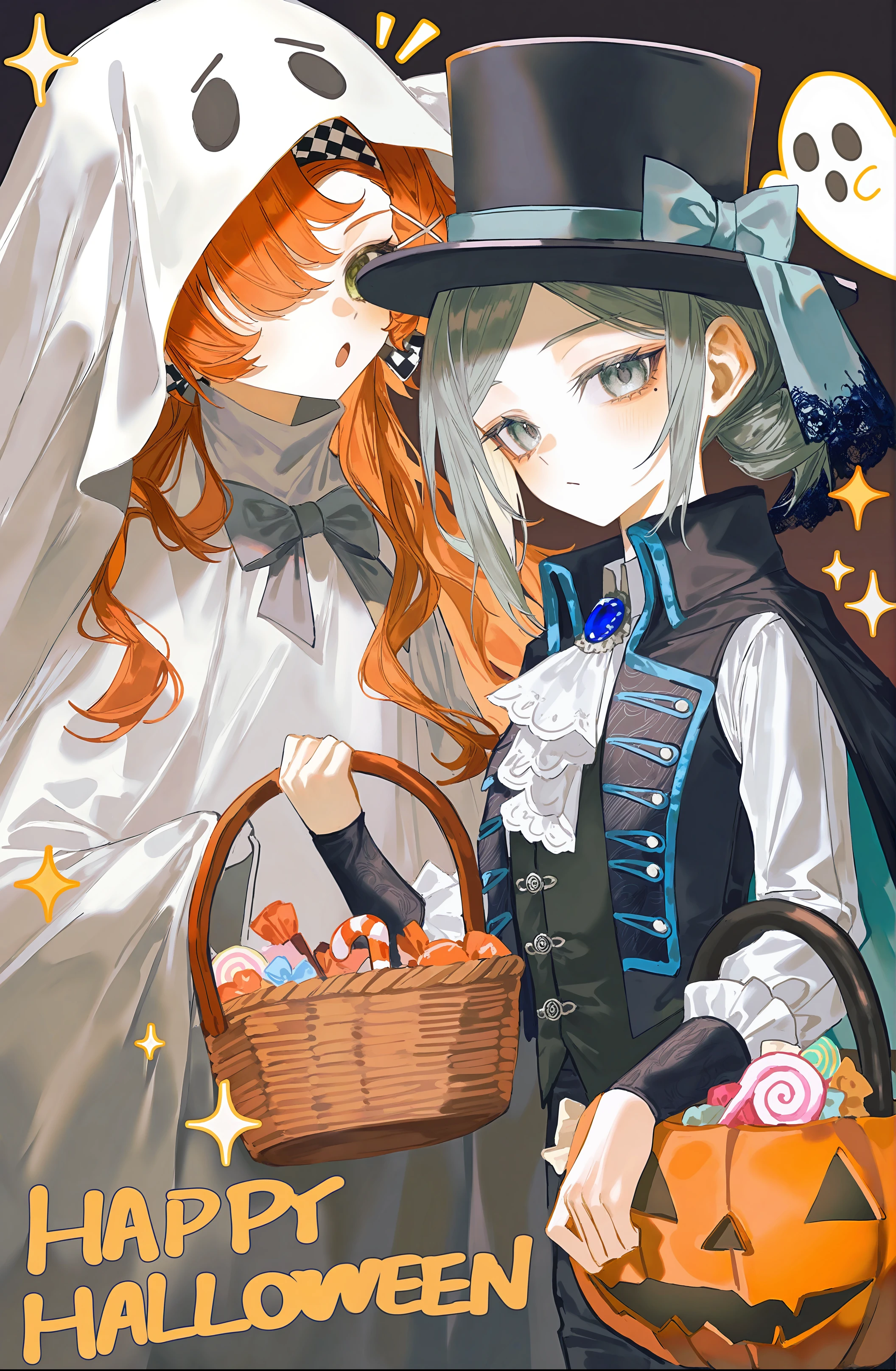 (artist:onineko:0.826446),artist:hito komoru,(artist:quasarcake:1.1),(artist:reoen:0.826446),artist:machi,(7769:1.21),sea foam,reverse:1999,sonetto \(reverse:1999\),vertin \(reverse:1999\),2girls,:/,:o,ascot,basket,black cape,black hat,black vest,blue brooch,boater hat,bow,bowtie,candy,candy cane,cape,checkered hairband,dark background,food,ghost,ghost costume,grey bow,grey bowtie,grey eyes,grey hair,hair bun,hair ornament,halloween bucket,halloween costume,happy halloween,hat,holding,holding basket,long hair,looking at viewer,looking to the side,multiple girls,notice lines,one eye covered,orange hair,sheet ghost,shirt,single side bun,sparkle,upper body,vest,waistcoat,white ascot,white shirt,x hair ornament,