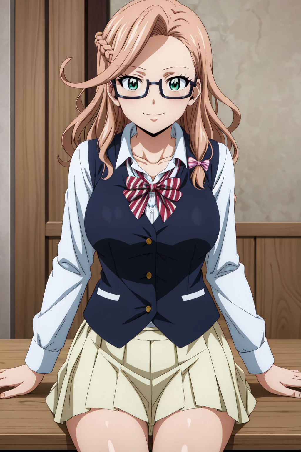 best quality, anime screencap, 1girl, solo, long hair, breasts, green eyes, glasses, french braid, anime coloring, light brown hair, karameel_v1, breasts, skirt, shirt, long sleeves, bow, school uniform, collarbone, white shirt, pleated skirt, striped, collared shirt, red bowtie, dress shirt, white skirt, striped bow, striped bowtie, brown vest, looking at viewer, smile, sitting, on person, adult women, mature women