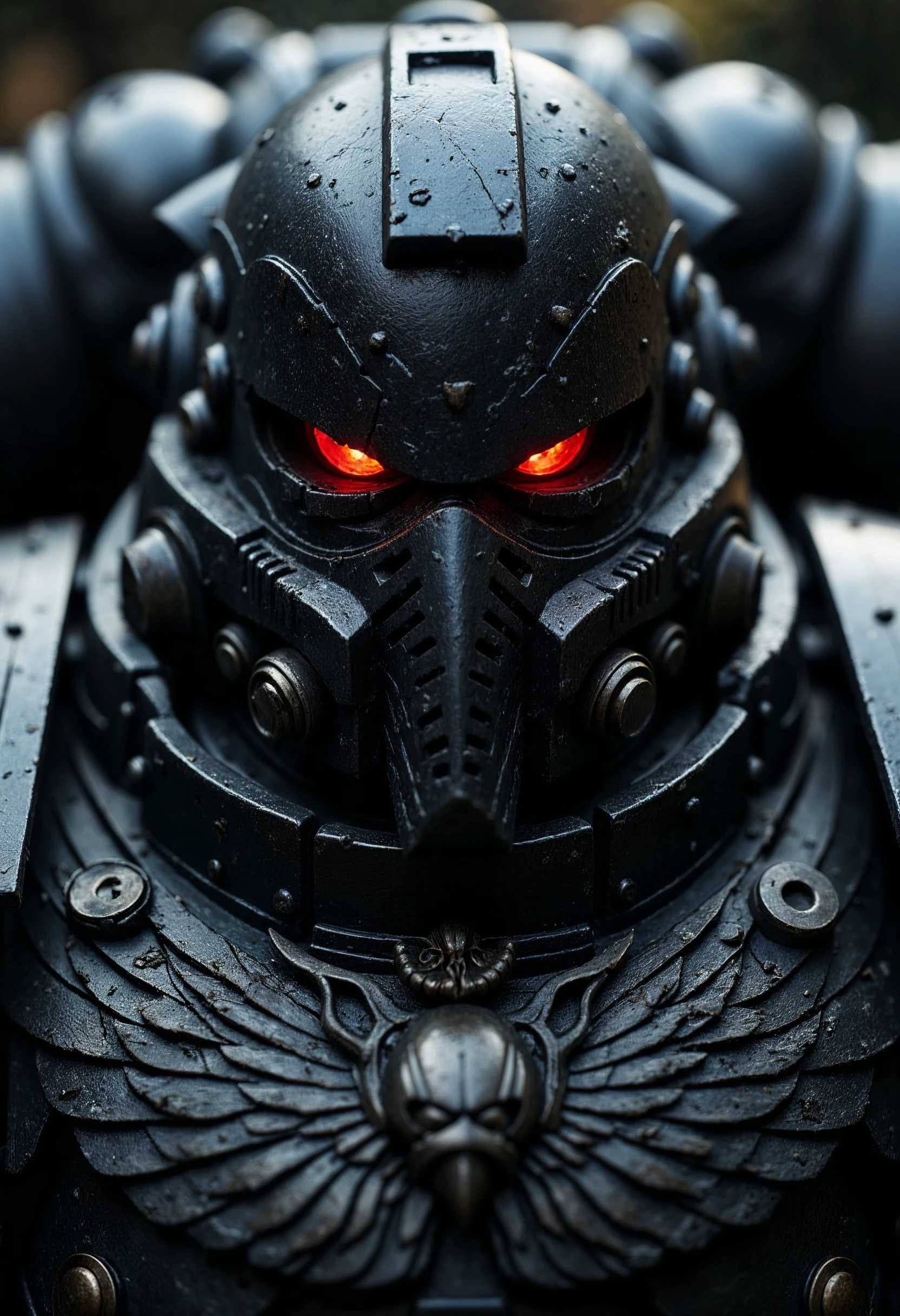 cinematic film still, close up, RavenG40k, clad in power armor. with rich, vibrant colors and meticulous textures for his power armor and helmet, vignette, highly detailed, bokeh, moody, epic, film grain, grainy <lora:FluxRavenG40k:1>