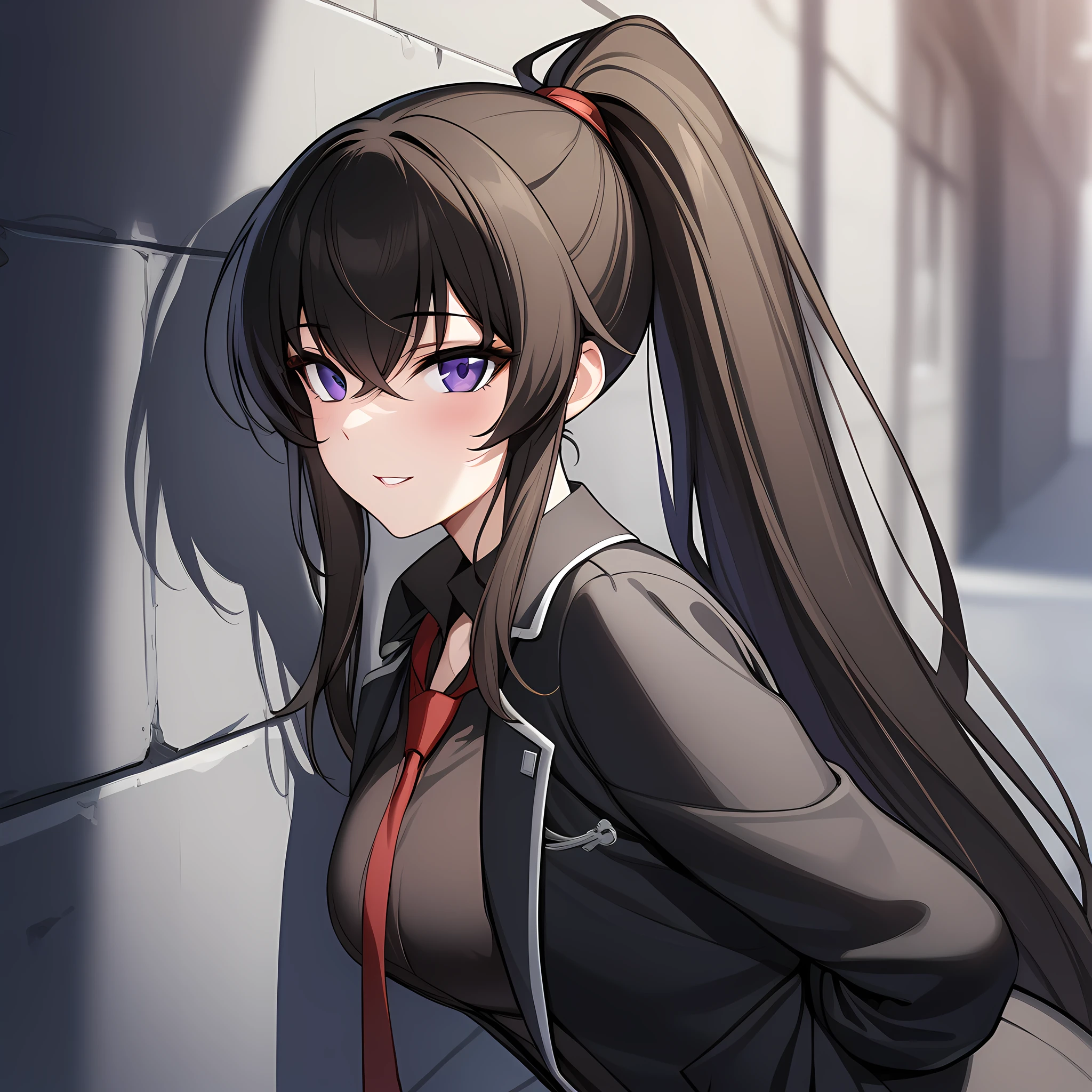 yoo_mina, 1girl, solo, long hair, purple eyes, gloves, necktie, black gloves, ponytail, skirt, jacket, shirt, portrait, close up, upper body, very long hair, black jacket, open clothes, black shirt, black footwear, leaning on the wall, dark alleyway background, looking at viewer, hands behind back, seductive smile, parted lips, <lora:Yoo_Mina:1>, (masterpiece),(best quality),(ultra-detailed),(best illustration),(best shadow),(absurdres),(detailed background),(very aesthetic),