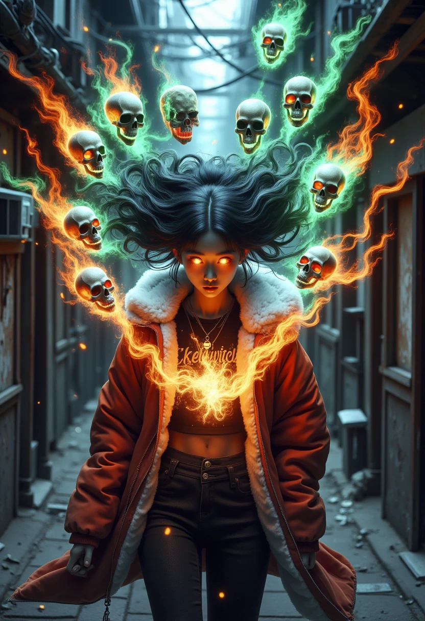 skelewitch, a beautiful Asian girl, wearing puffy jacket over croptop with text:"Skelewitch", she has long floating wavy hair made entirely of swirling vortex of colorful flame-formed skulls and skeletons, radiant glowing eyes, she wearing a white fur trimmed red coat, amidst ethereal aura, pulsing energy flow, and turbulent wind whispers. Against backdrop of dark alley filled with densely packed East asian architecture buildings, their walls lined with rusted metal and exposed wires, as the only light source come from her, emphasize the isolated atmosphere. <lora:Skelewitch_v2:0.8>