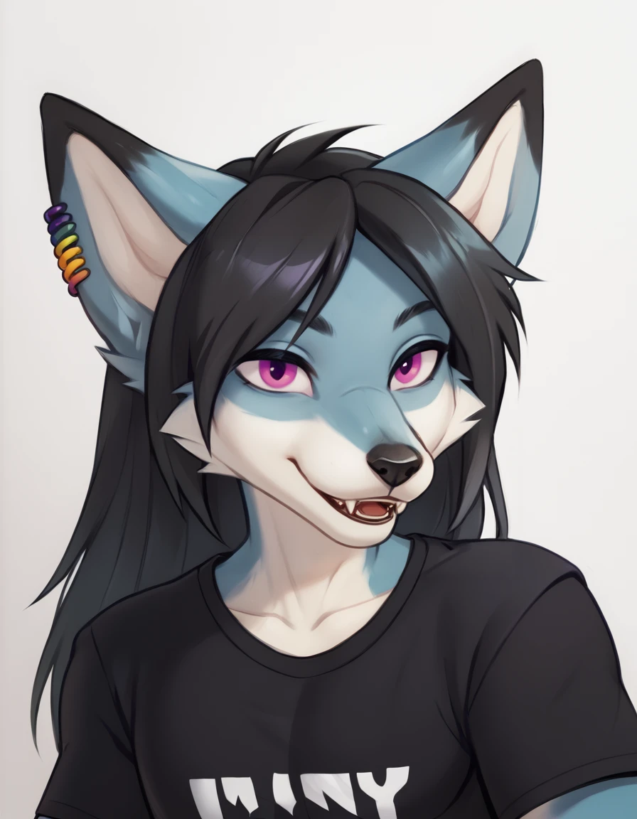 Ashley,1boy,solo,male focus,furry,black hair,tail,animal ears,animal nose,body fur,purple eyes,earrings,long hair,jewelry,snout,furry male,two-tone fur,piercing,pink eyes,ear piercing,wolf ears,
upper body,headshot,
seductive smile,long eyelashes,fangs,
black shirt,
<lora:Ashley_v01_PDXL:1>,