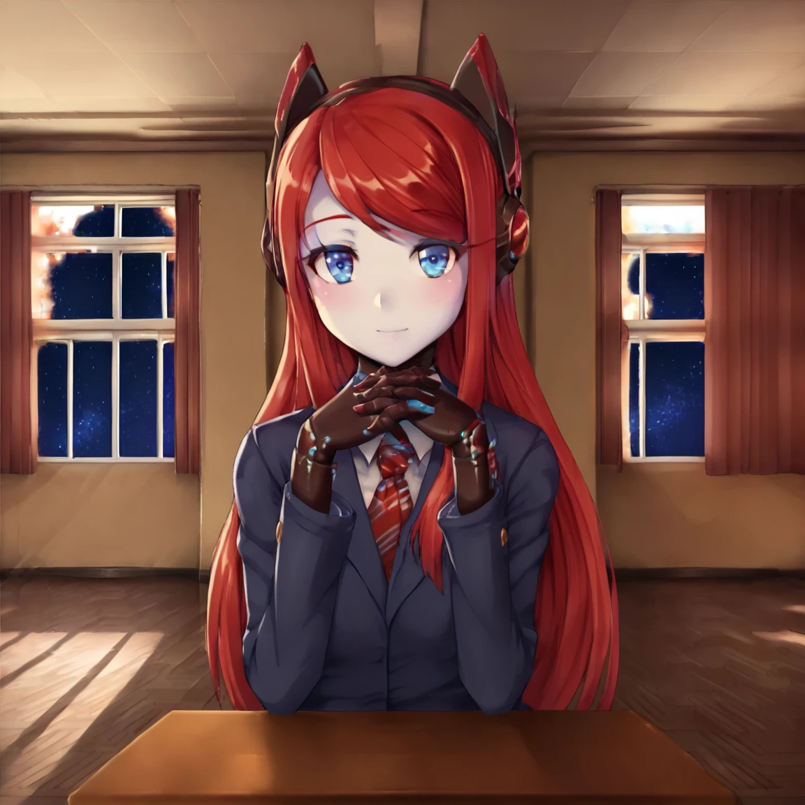 <lora:Monikas_Room:0.8> indoors, window, looking at viewer, classroom, desk, star (sky), school, school desk, interlocked fingers
 <lora:Parallel_Susie:1> parasusie, 1girl, solo, blue eyes, red hair, long hair, no mouth, humanoid robot, android, robot ears, colored skin, white skin