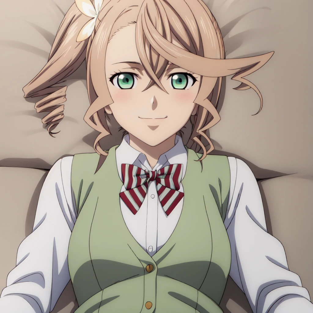 best quality, anime screencap, anime coloring, 1girl, solo, short hair, almond blonde hair, hair ornament, green eyes, side ponytail, drill hair, alisha_diphda,, shirt, long sleeves, bow, school uniform, collarbone, white shirt, white skirt, striped, collared shirt, red bowtie, dress shirt, striped bow, striped bowtie, (green vest:1.3), mature women, lying, on back, smile, blushing, closed mouth